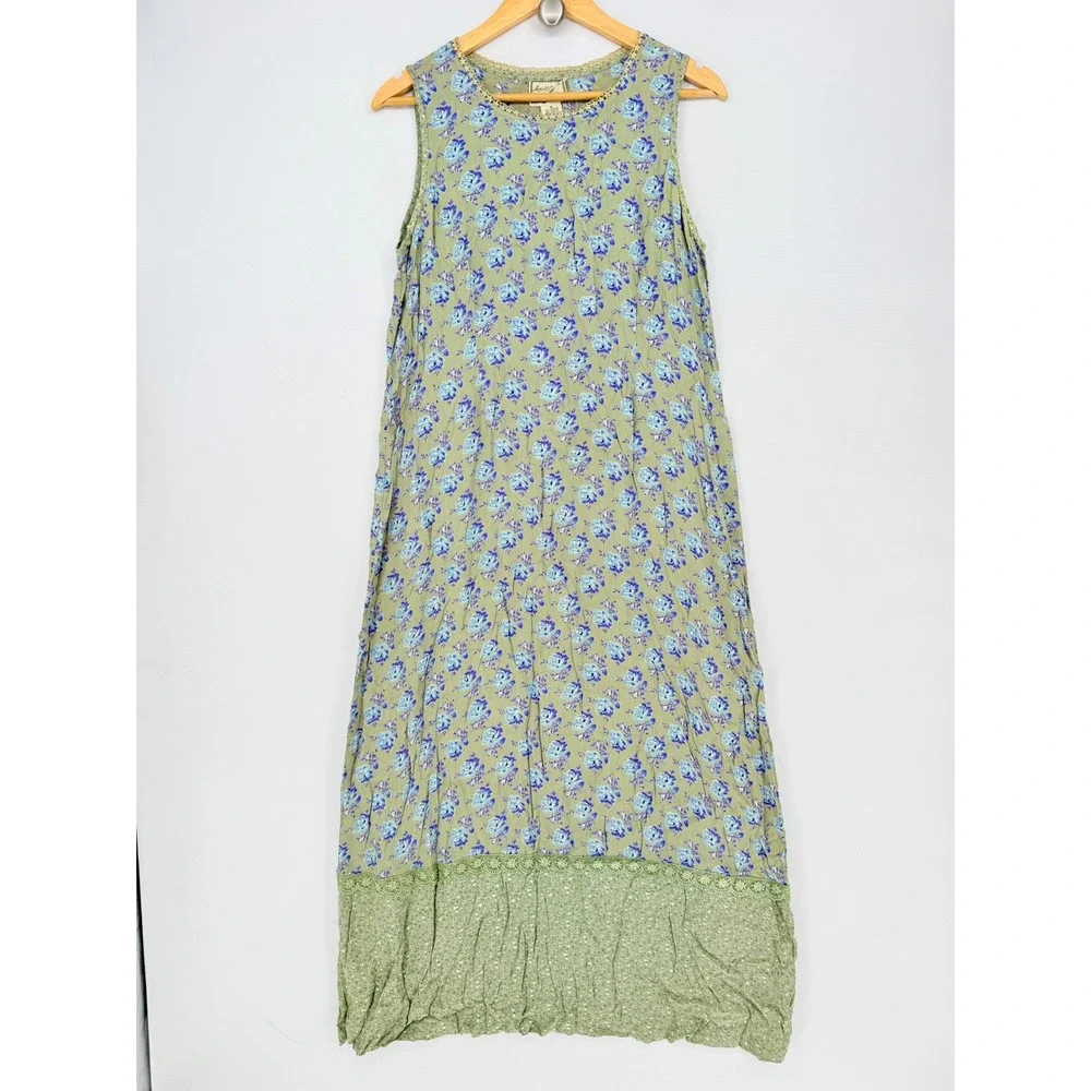 April Cornell Vintage Maxi Dress Women Medium Green Floral Lace Boho Cottagecore